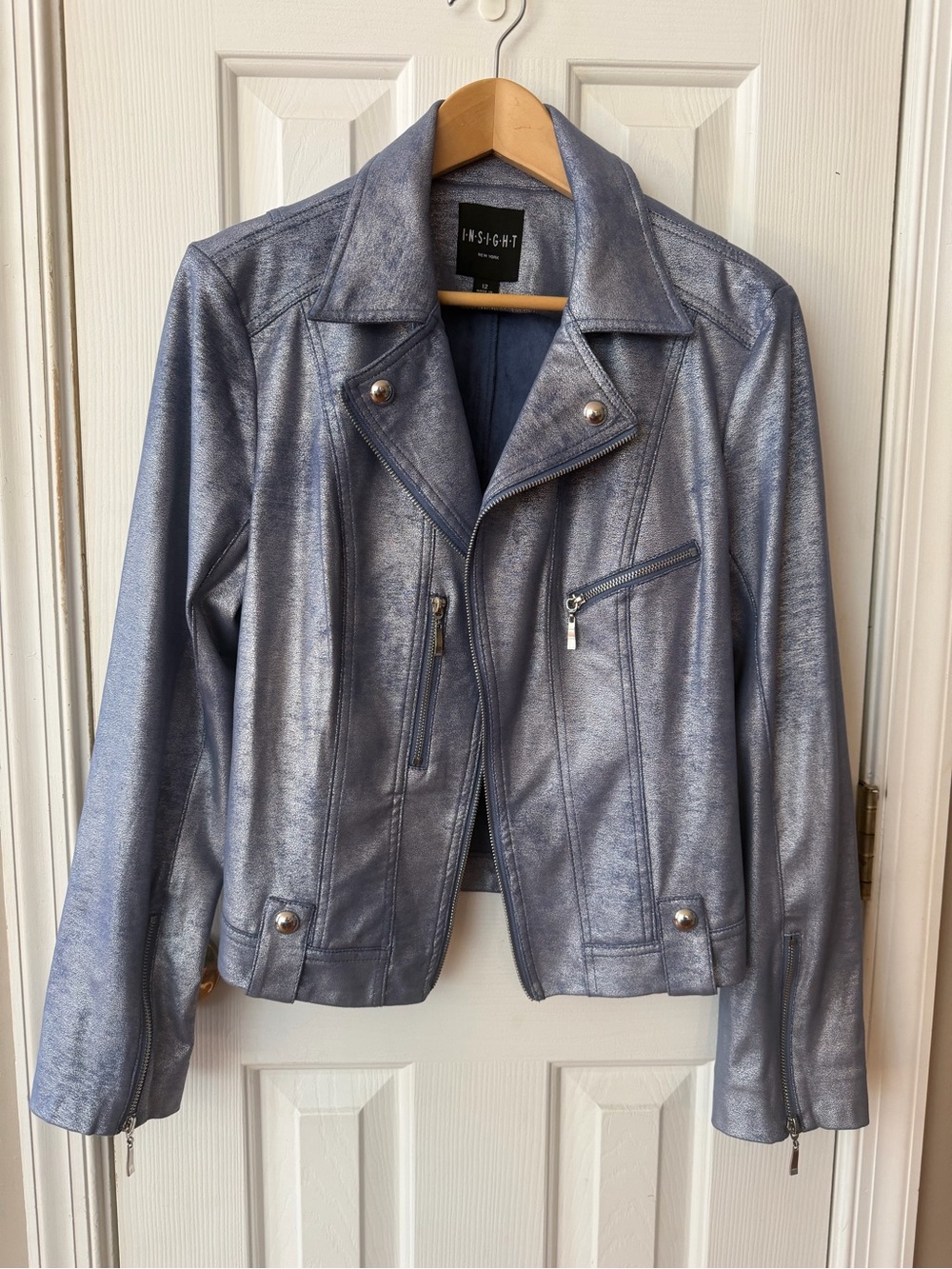 Insight New York Metallic Blue Faux Suede Moto Biker Jacket Size 12